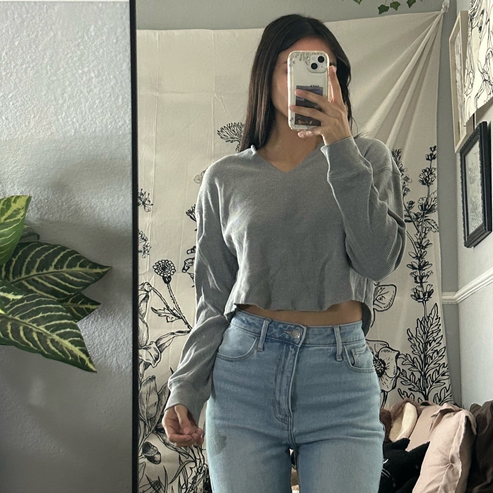 Gray V-Neck Cropped long sleeve